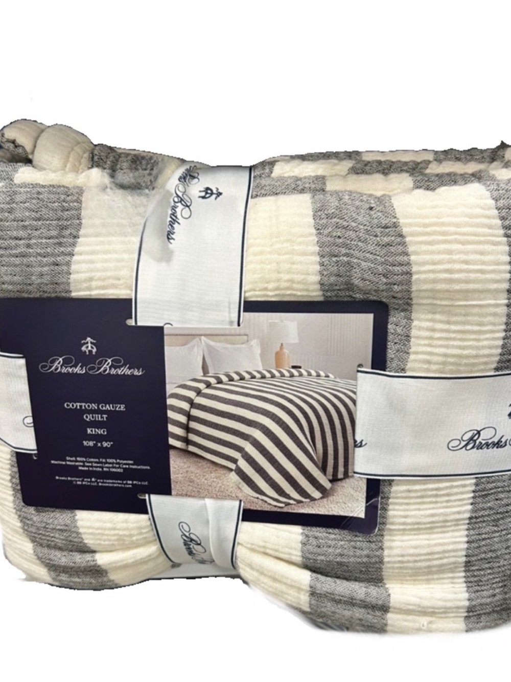 Brooks Brothers Cotton Gauze Gray and White King Striped 108”x90”